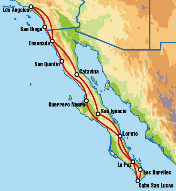 Карта (маршрут) тура по США и Мексике на мотоциклах Harley-Davidson 'Baja California Motorcycle Tour' ('Полуостров Калифорния')