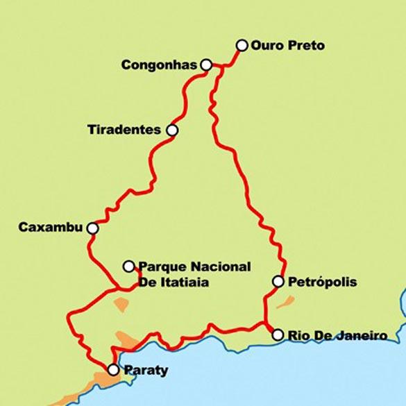 Карта (маршрут) 9-дневного тура по Бразилии на мотоциклах Harley-Davidson 'The Golden Route - Rio de Janeiro - Brasil - Guided Motorcycle Tour' ('Золотой путь')