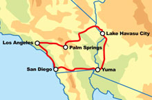 Маршрут (карта) тура "Long Beach - Southern California Motorcycle Tour" ("Тур по популярным местам Южной Калифорнии и Аризоны")