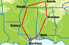 Маршрут (карта) тура "New Orleans Motorcycle Tour" ("Родина музыки кантри")