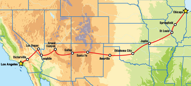 Карта (маршрут) тура по США на мотоциклах Harley-Davidson 'Route 66' ('Трасса 66')