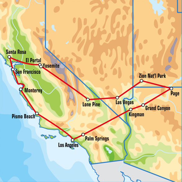 Карта (маршрут) 15-дневного тура по США на мотоциклах Harley-Davidson 'Все лучшее на Диком Западе II'