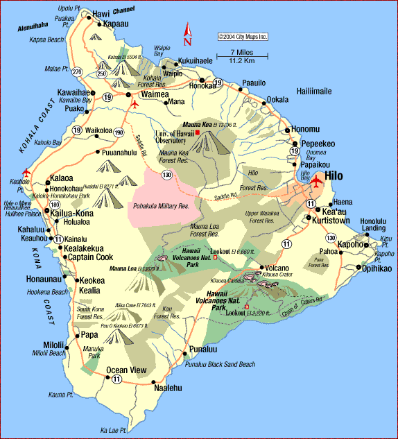 Карта острова Гавайи (Большого острова): города и курорты. Штат Гаваи, США (The Big Island of Hawaii, USA). Отдых на Гавайях: туры от туроператора.