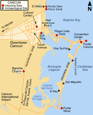 Карта Канкуна: красным отмечены местные достопримечательности, черным - археологические центры